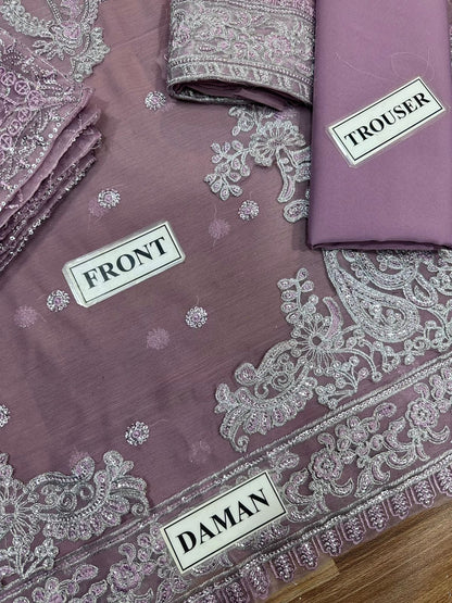 A.J Purple Jhilmil Semi Pure Chiffon Embroidery 3piece Unstitched