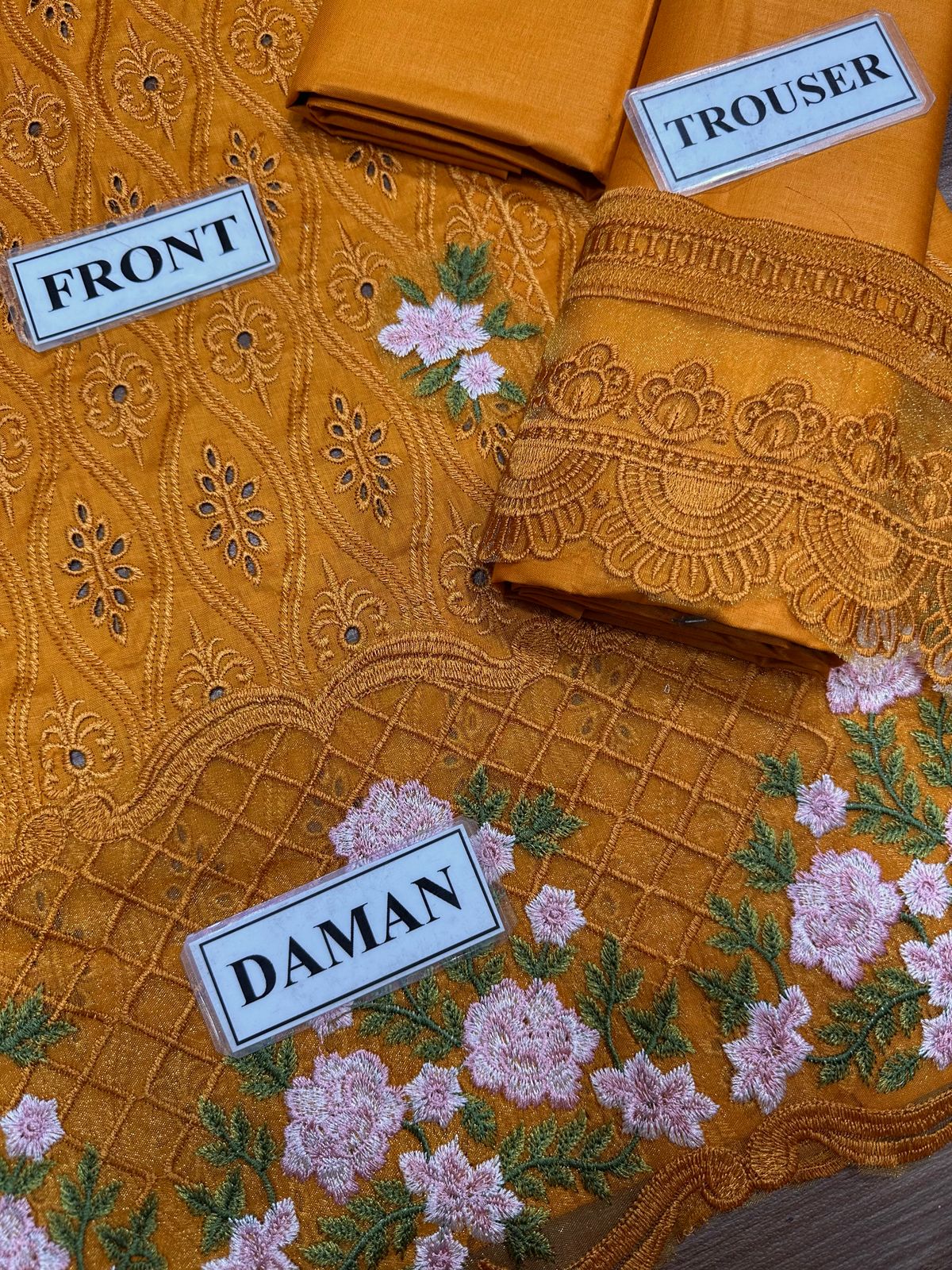 zarqash Cotton Lawn Embroidery dress chikankari Mustard 3pc Unstiched