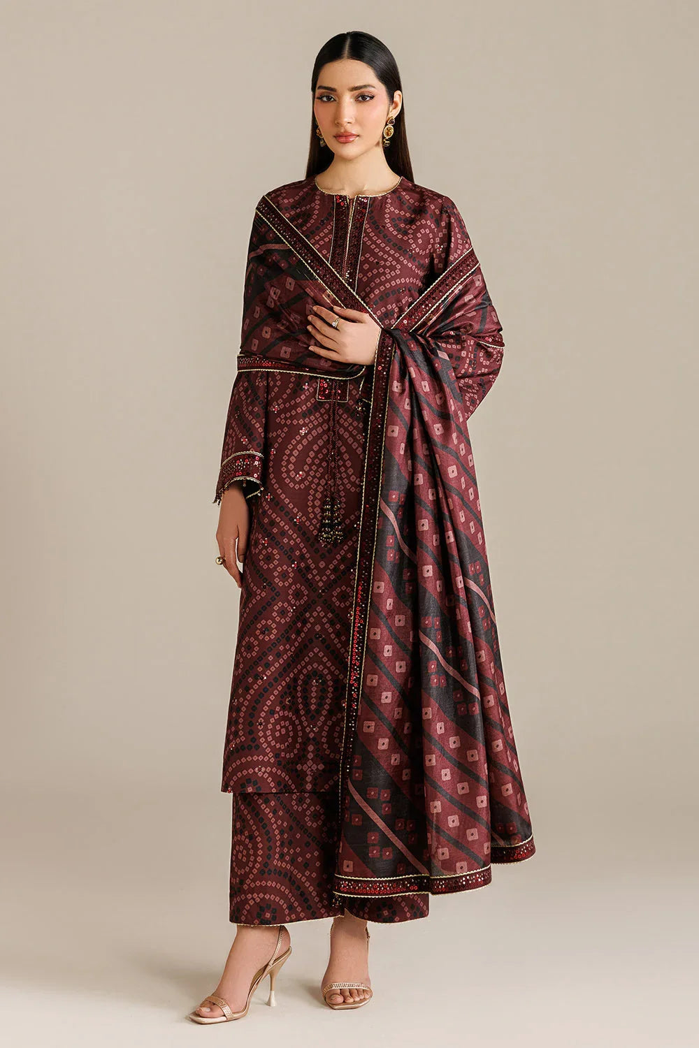 Elegant maroon printed kurta with matching dupatta and palazzo pants, perfect for festive occasions