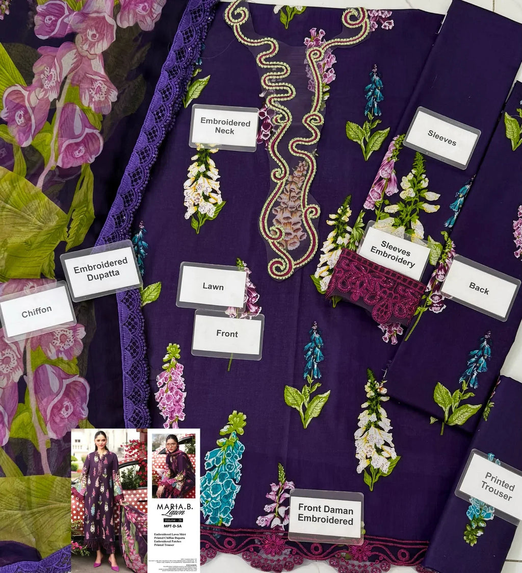 Purple embroidered lawn suit with floral print, labeled front, back, sleeves, dupatta, and trousers for detailed viewing.