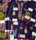 Purple embroidered lawn suit with floral print, labeled front, back, sleeves, dupatta, and trousers for detailed viewing.