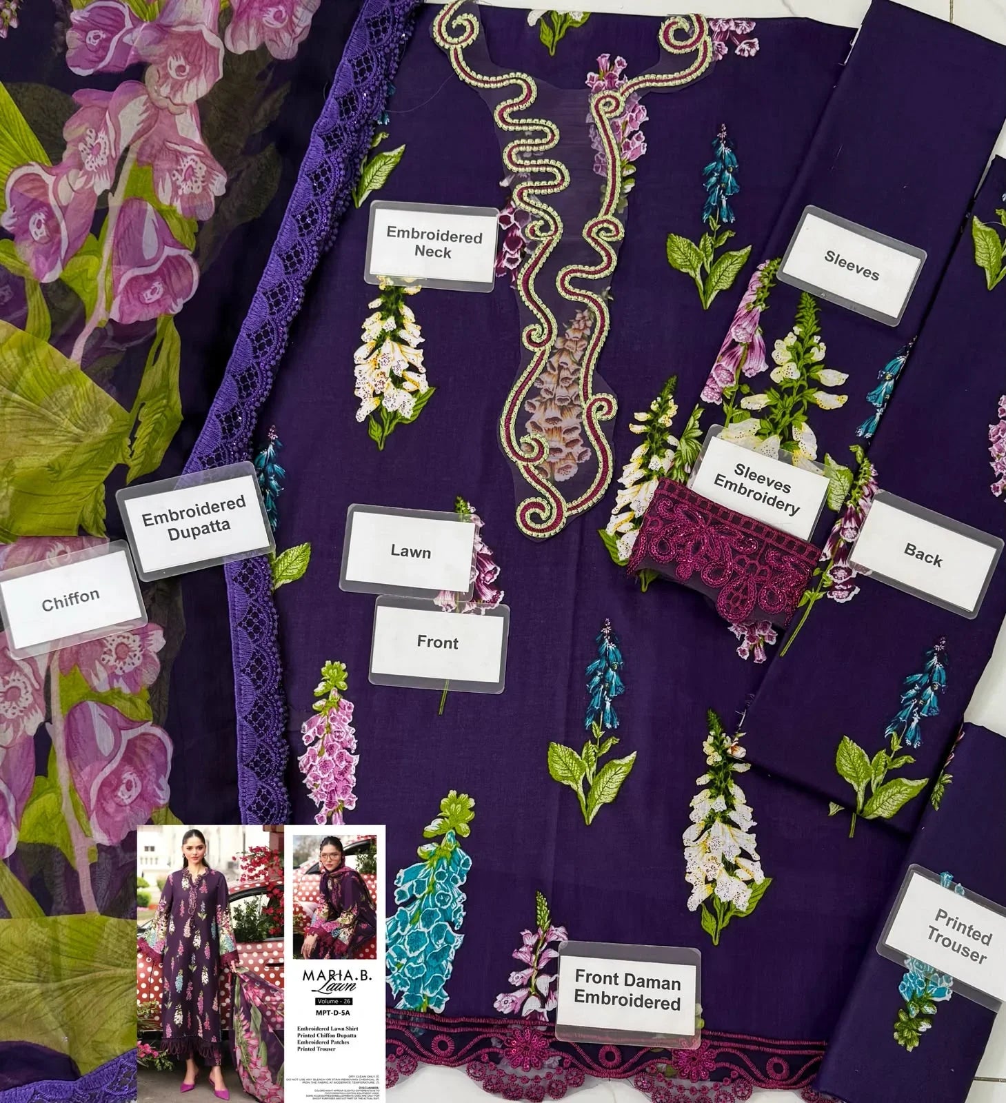 Purple embroidered lawn suit with floral print, labeled front, back, sleeves, dupatta, and trousers for detailed viewing.