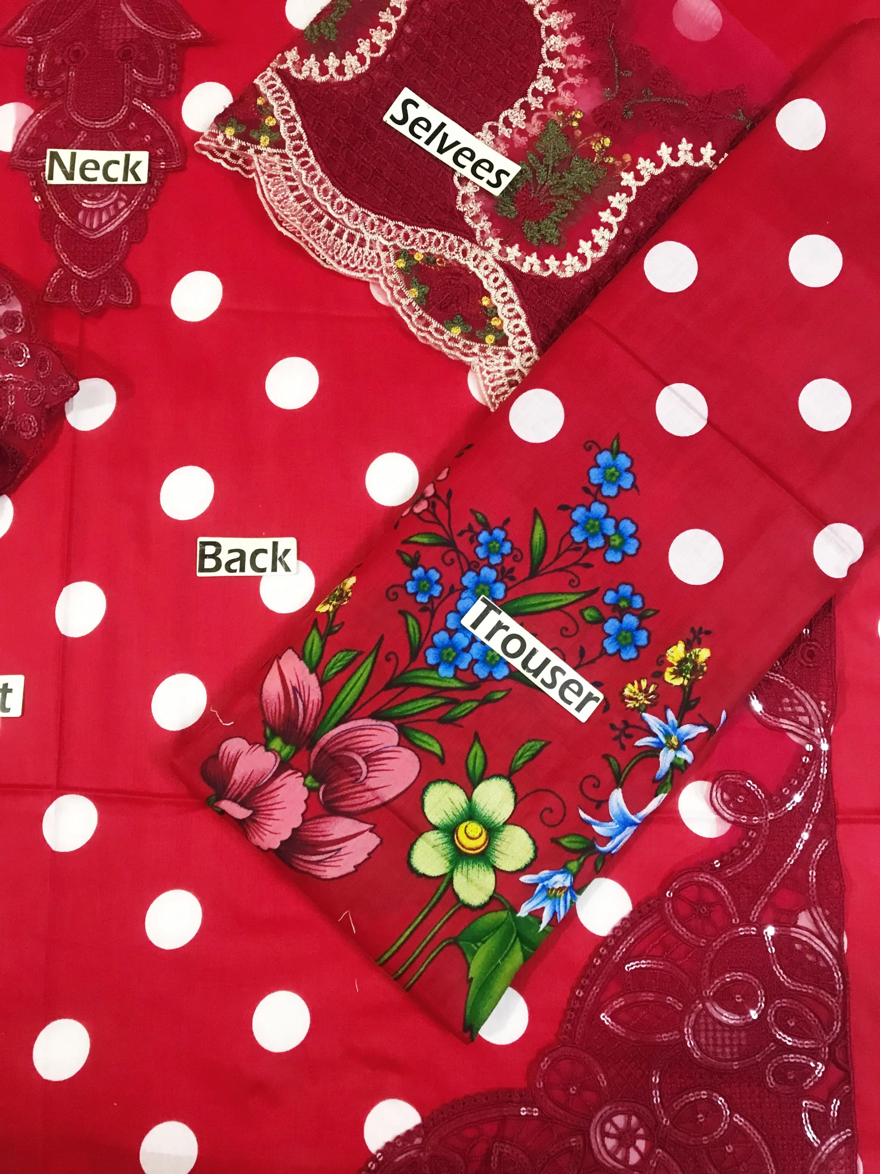 Red polka dot dress with floral print, lace sleeves, and labeled parts for neck, back, and trouser sections.