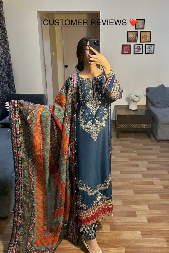 M.B Blue Formal Collection Chiffon Dress 3pc Unstitched