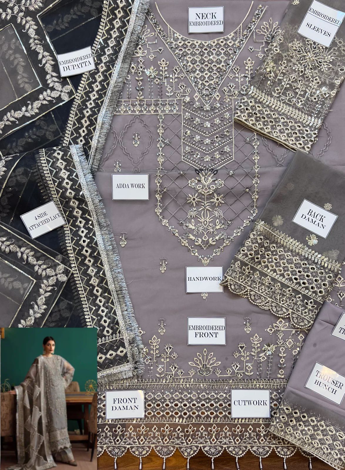 Eleshia Zarin Gray organza Wedding & Formals Collection 3piece Unstitched