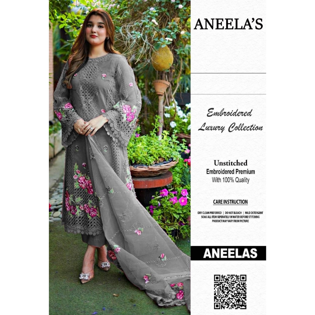 Aneelas Gray organza Embroidery Formal Collection 3piece Unstitched