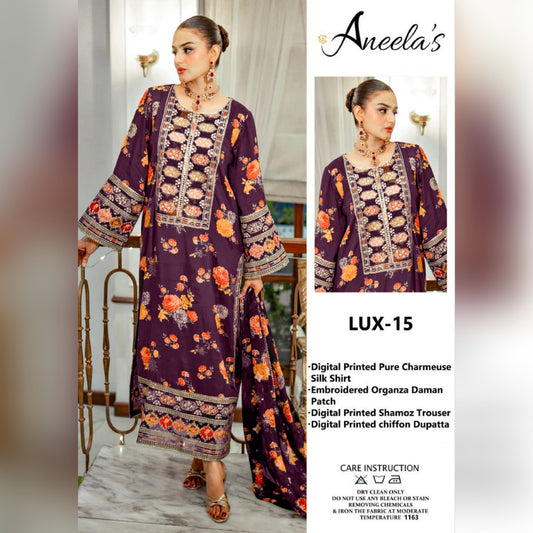 Aneelas Silk Digital Purple Multi Embroidery 3piece Unstitched