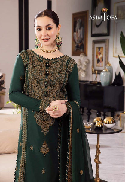 Asim Jofa Bottle Green Chiffon Formal Collection Embroidery Dress 3pc