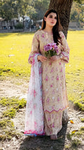 Aneela's Printed Lawn Collection Beige 3 Piece Unstitched Suit with Pink Floral Printed Dupatta by MF COLLECTIONN