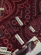 Maroon patterned outfit with sequin embroidery, labeled front, back, sleeves, and trouser sections