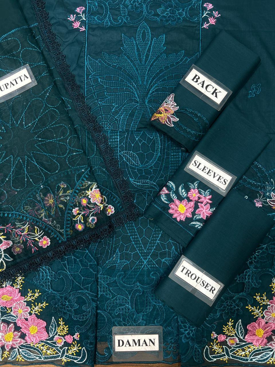 Teal embroidered lawn suit set with floral details, labeled back, sleeves, trouser, dupatta, and daman