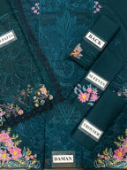 Teal embroidered lawn suit set with floral details, labeled back, sleeves, trouser, dupatta, and daman