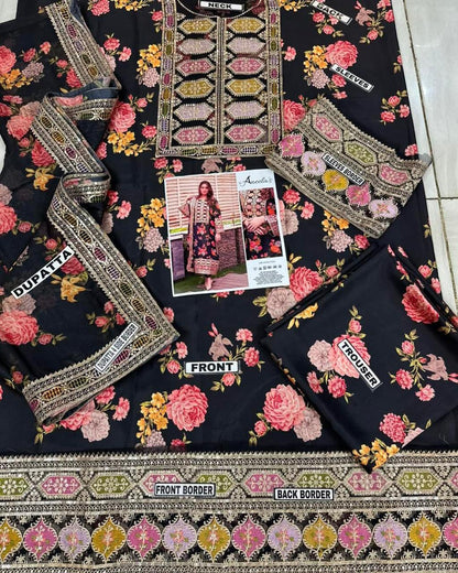 Aneelas Silk Digital Black Multi Embroidery 3piece Unstitched
