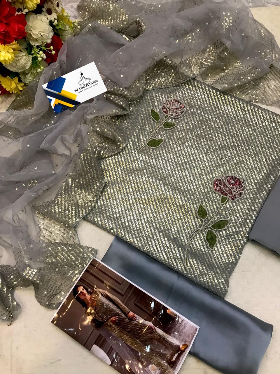 Nureh Grey Formal Collection Luxury Chiffon Embroidery 3piece Unstitched