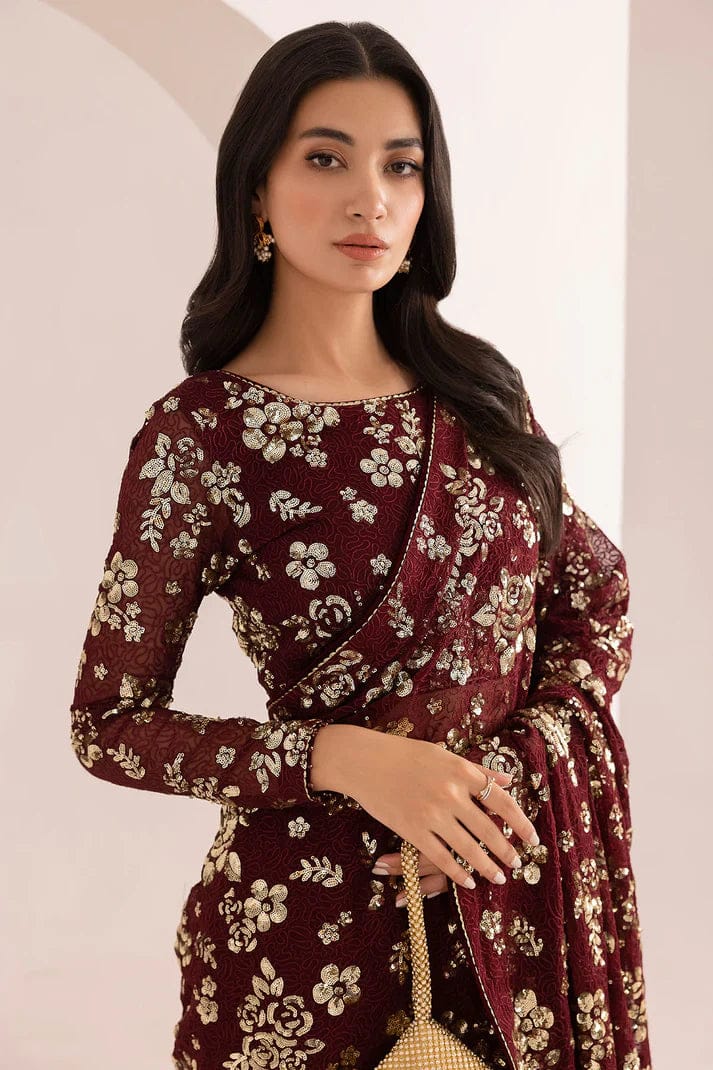 Jazmin Maroon Saree Chiffon Embroidery Unstitched