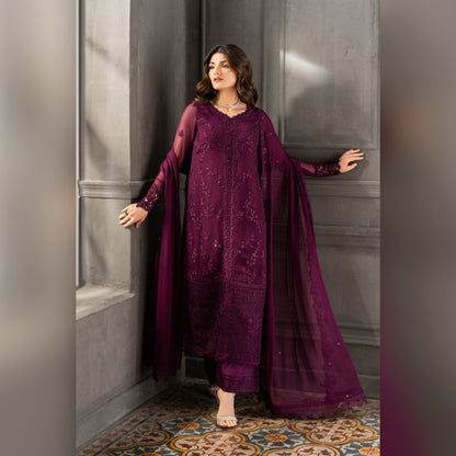 Azure Magenta Chiffon Embroidery 3piece Unstitched
