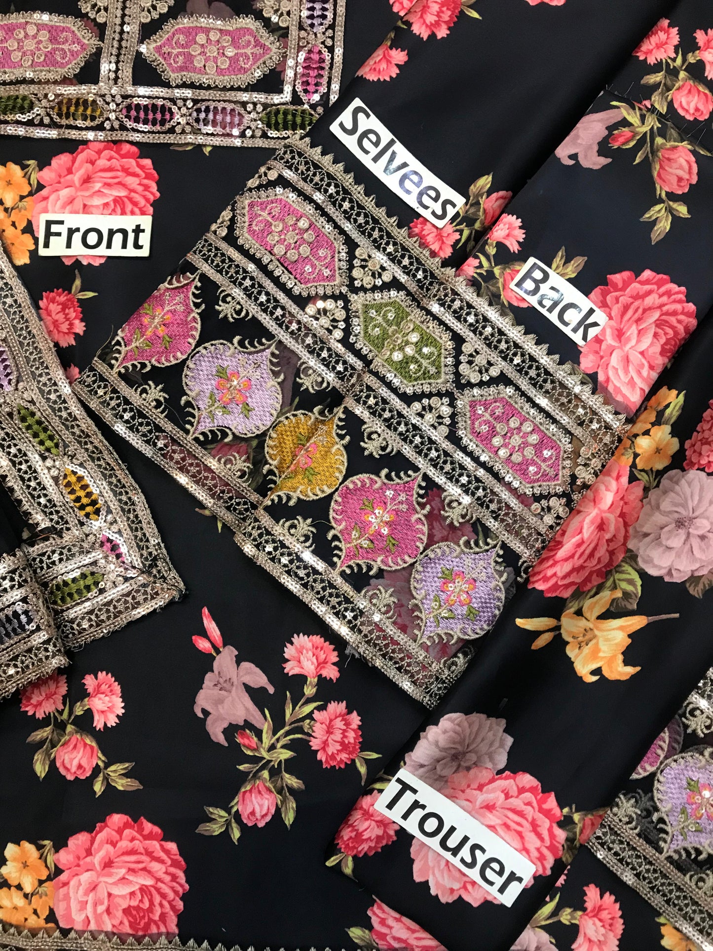Aneelas Silk Digital Black Multi Embroidery 3piece Unstitched