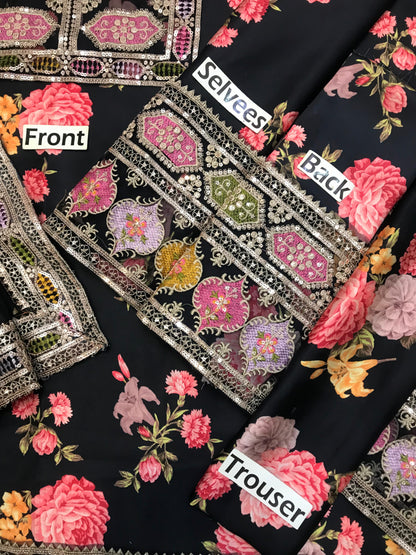Aneelas Silk Digital Black Multi Embroidery 3piece Unstitched
