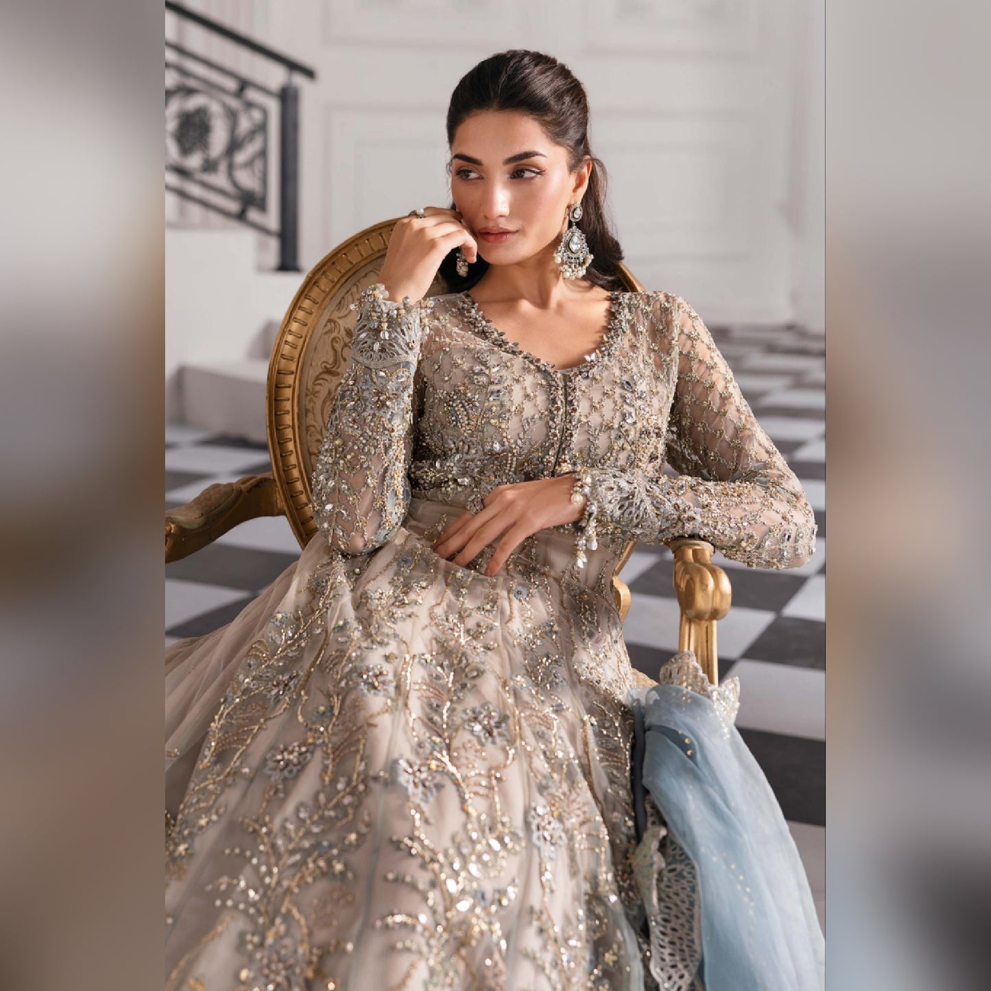 Maria b Gray Wedding Collection Maxi Soft Net Fabric Unstiched