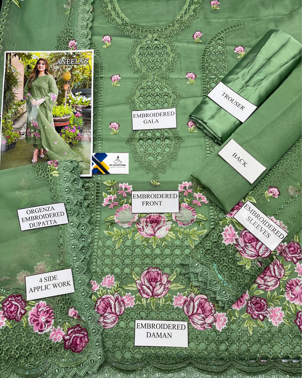 Aneelas Green organza Embroidery Formal Collection 3piece Unstitched