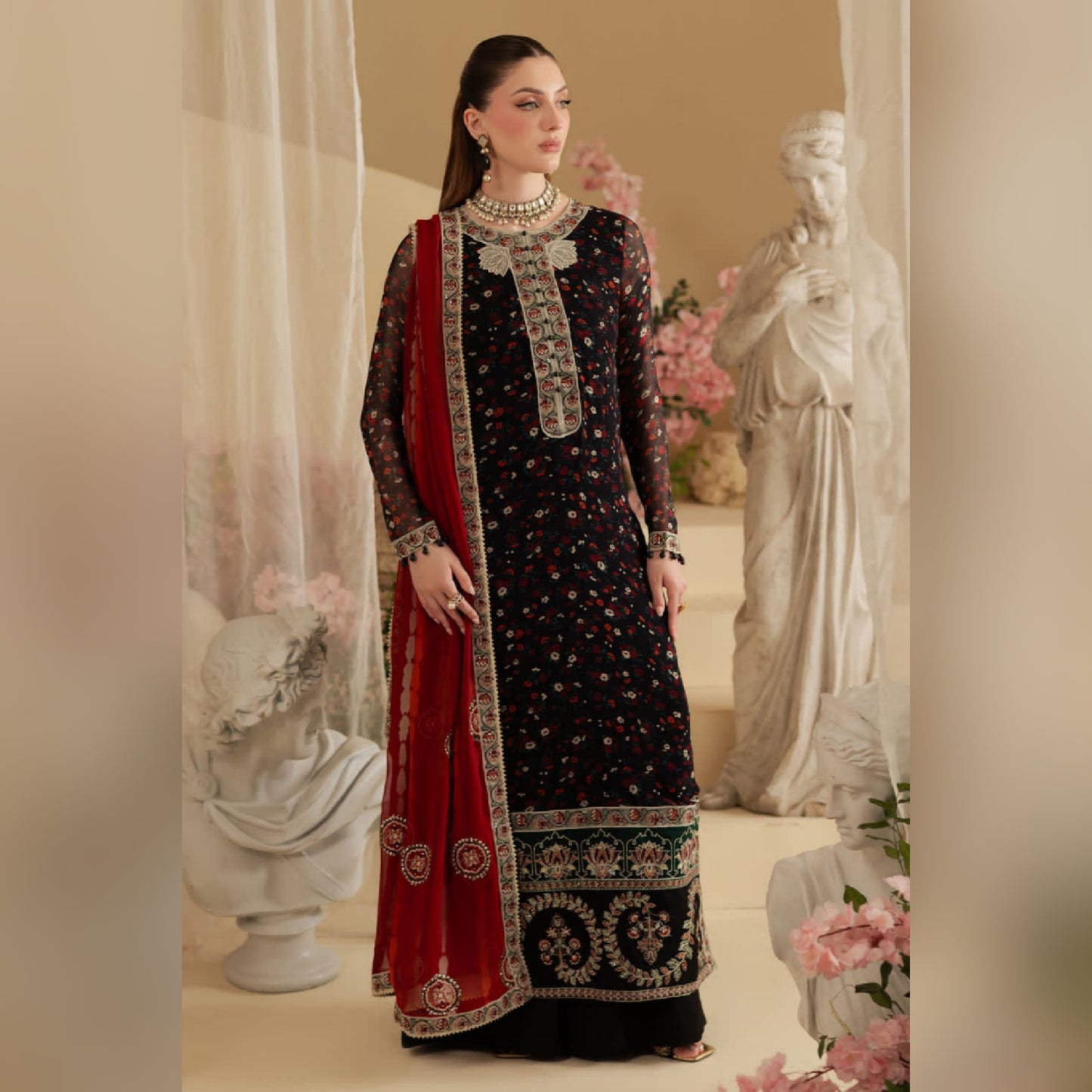 Nureh Black Chiffon Embroidery Formal Collection 3piece Unstitched