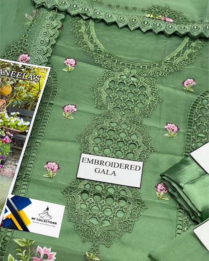 Aneelas Green organza Embroidery Formal Collection 3piece Unstitched