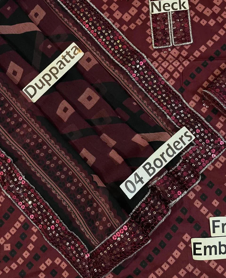 Maroon dupatta with sequin borders and geometric patterns, labeled for neck and border details