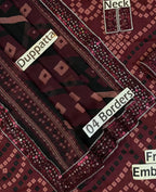 Maroon dupatta with sequin borders and geometric patterns, labeled for neck and border details