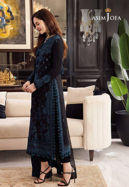 A.J Navy Blue Chiffon Fabric Formal Collection 3pc Unstitched Dress