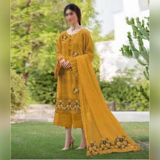 zarqash Cotton Lawn Embroidery dress chikankari Mustard 3pc Unstiched