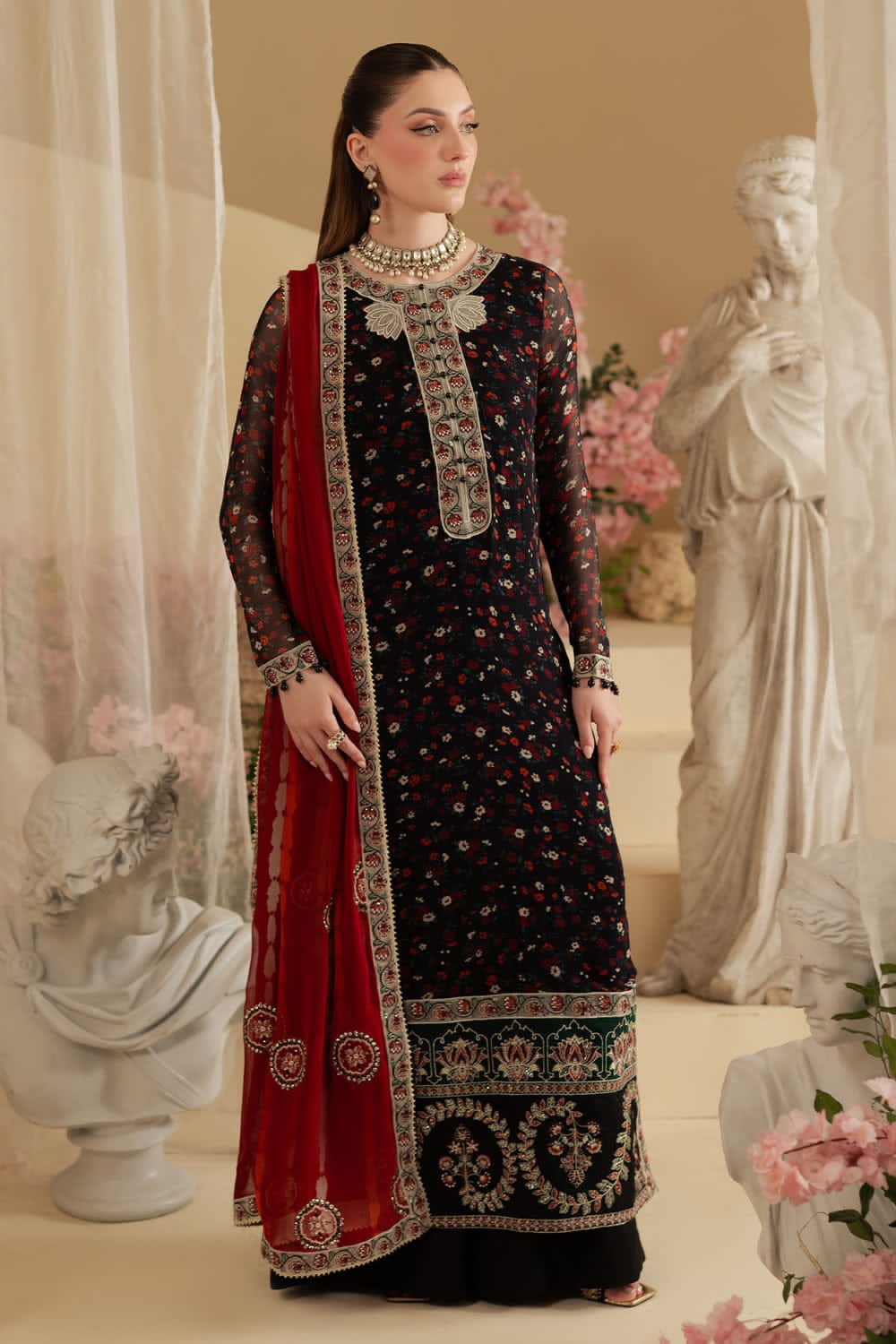 Nureh Black Chiffon Embroidery Formal Collection 3piece Unstitched
