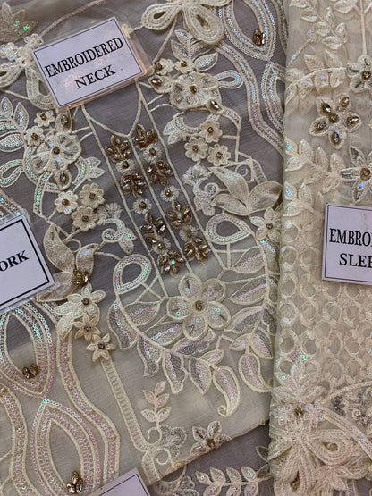 M.B Embroidered Off White Luxury Chiffon Dress 3piece Unstitched