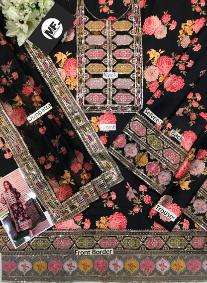 Aneelas Silk Digital Black Multi Embroidery 3piece Unstitched