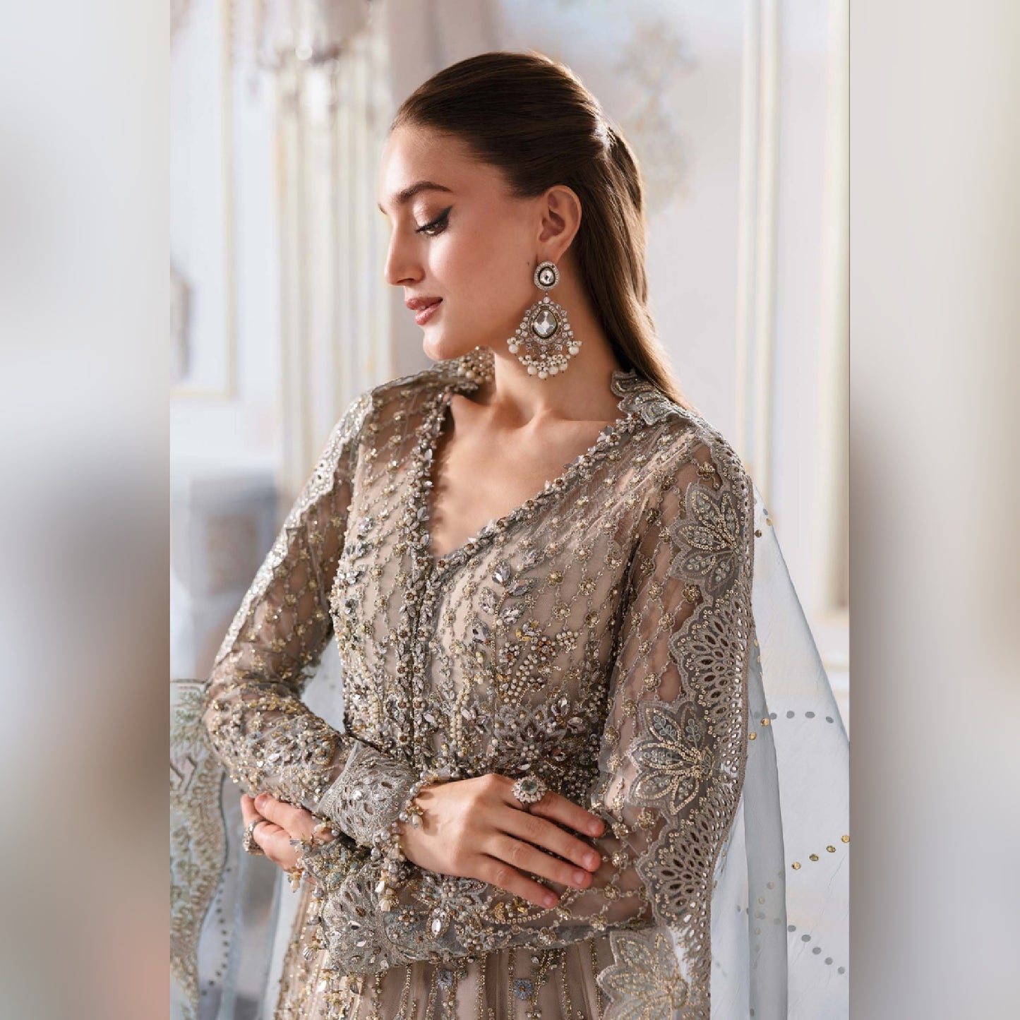 Maria b Gray Wedding Collection Maxi Soft Net Fabric Unstiched