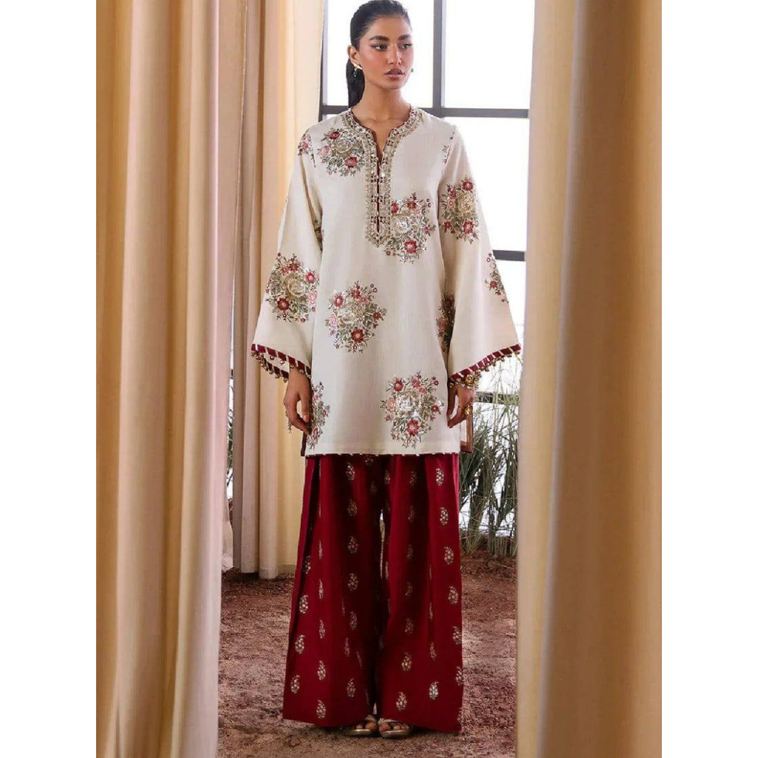 Ethnic Raw Silk off White Embroidery Formal Collection 3piece Unstitched