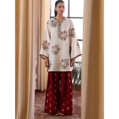 Ethnic Raw Silk off White Embroidery Formal Collection 3piece Unstitched