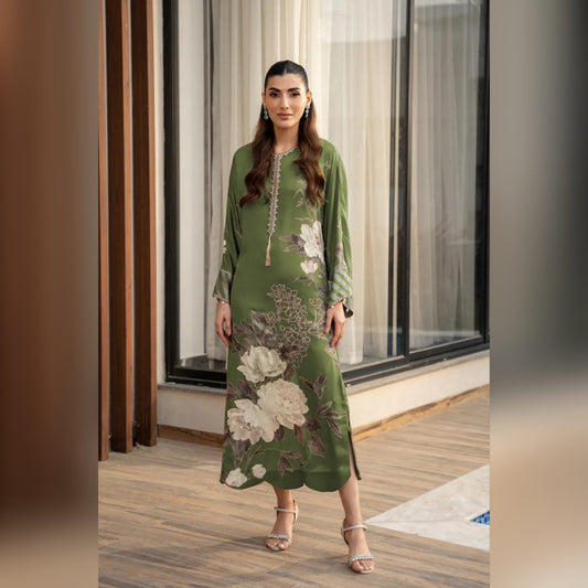 Lulusar Green Silk Digital Print Hand Work Neck Line 3pc Unstitched