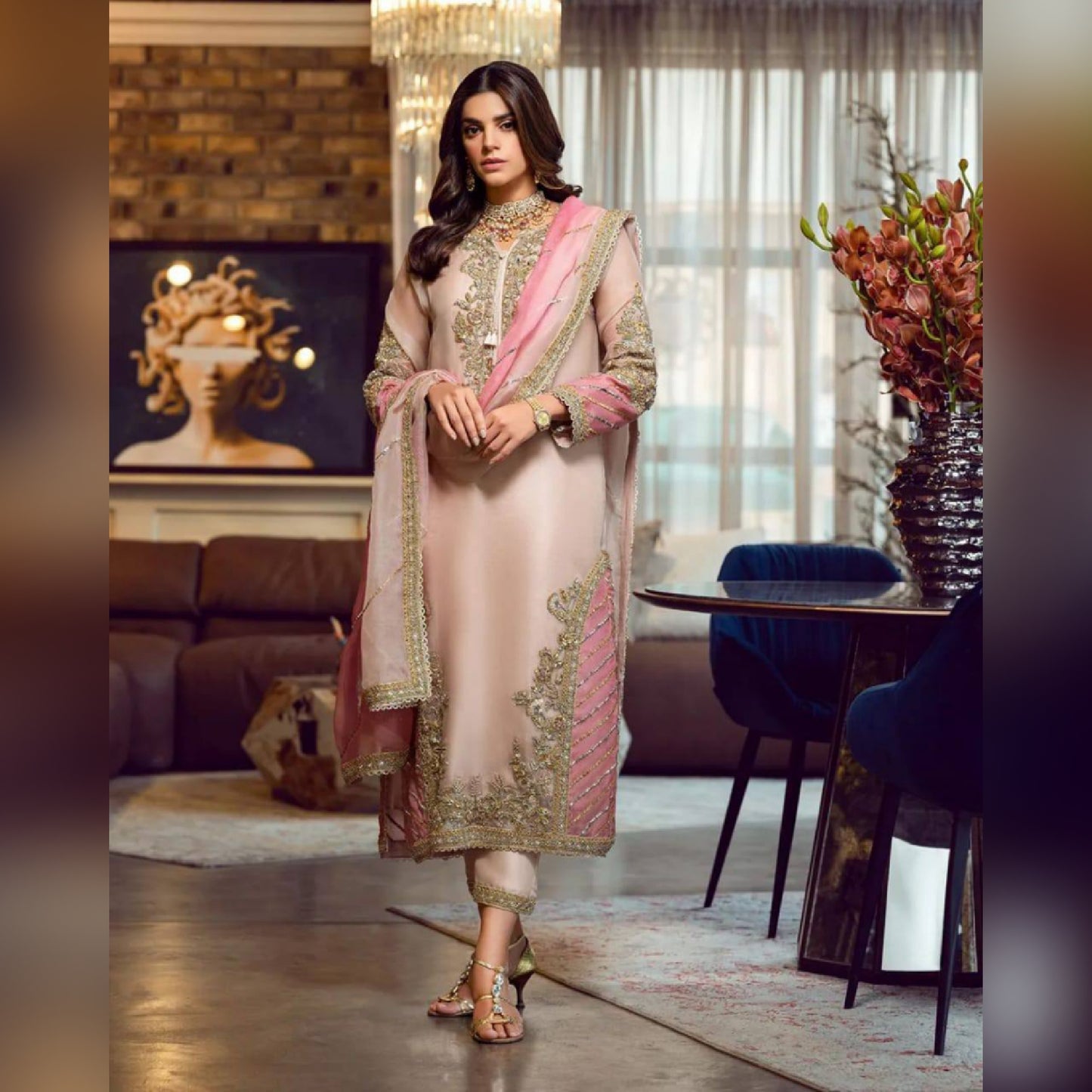 wedding collection Pink Party Wear Organza Dress 3pc Embroidrey Unstitched